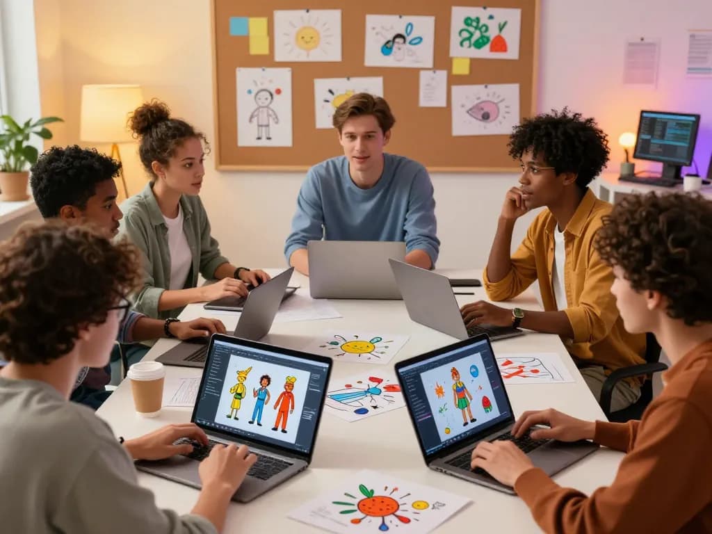Engaged group discussing spicy AI applications with laptops and colorful sketches.