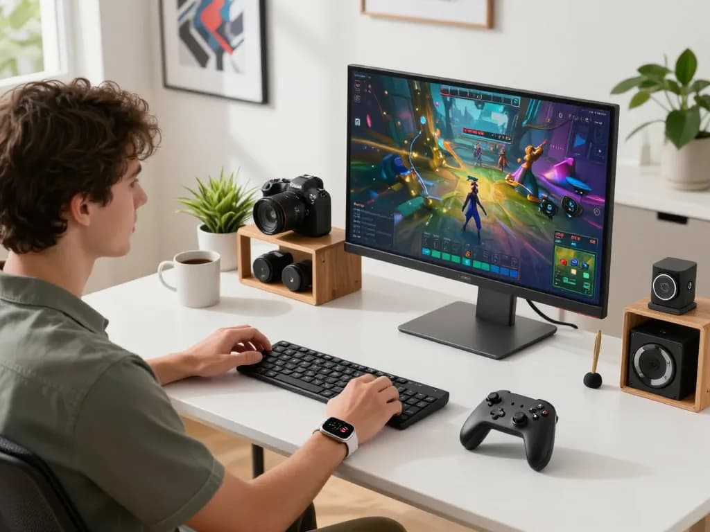 Individual exploring unique tech gadgets like Bluetooth controllers and keyboards in a vibrant workspace.