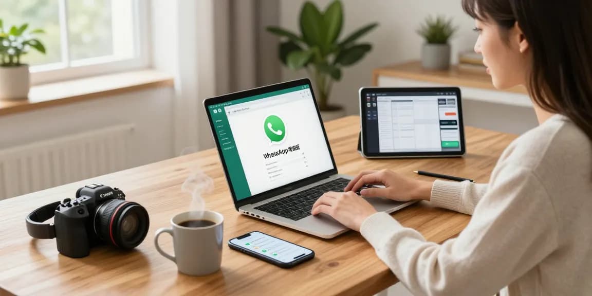 Engaged professional using WhatsApp電腦版 on laptop in modern home office.