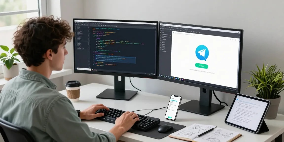 Download Telegram shown on a developer's dual-monitor setup in a modern workspace.