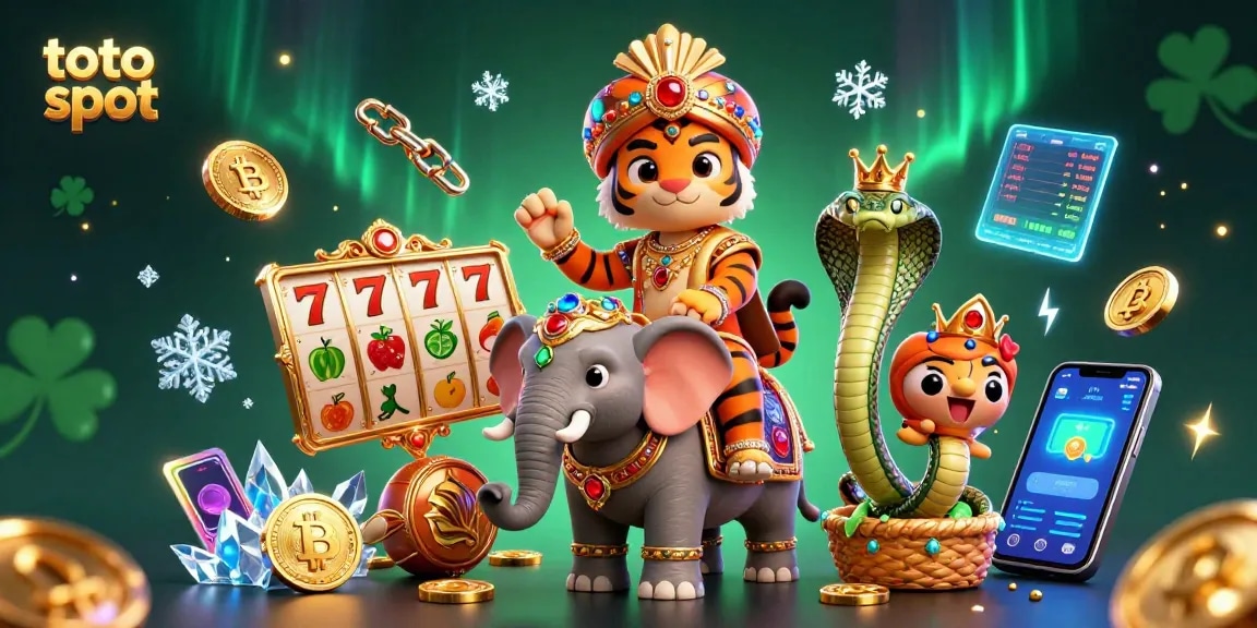 Win big with toto slot in a vibrant 3D casino scene featuring a magical elephant and tiger.
