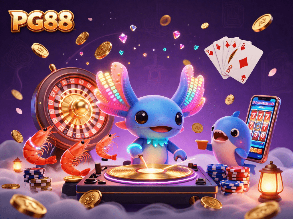 PG88 brings you an energetic casino scene with a DJ axolotl and vibrant gaming elements.