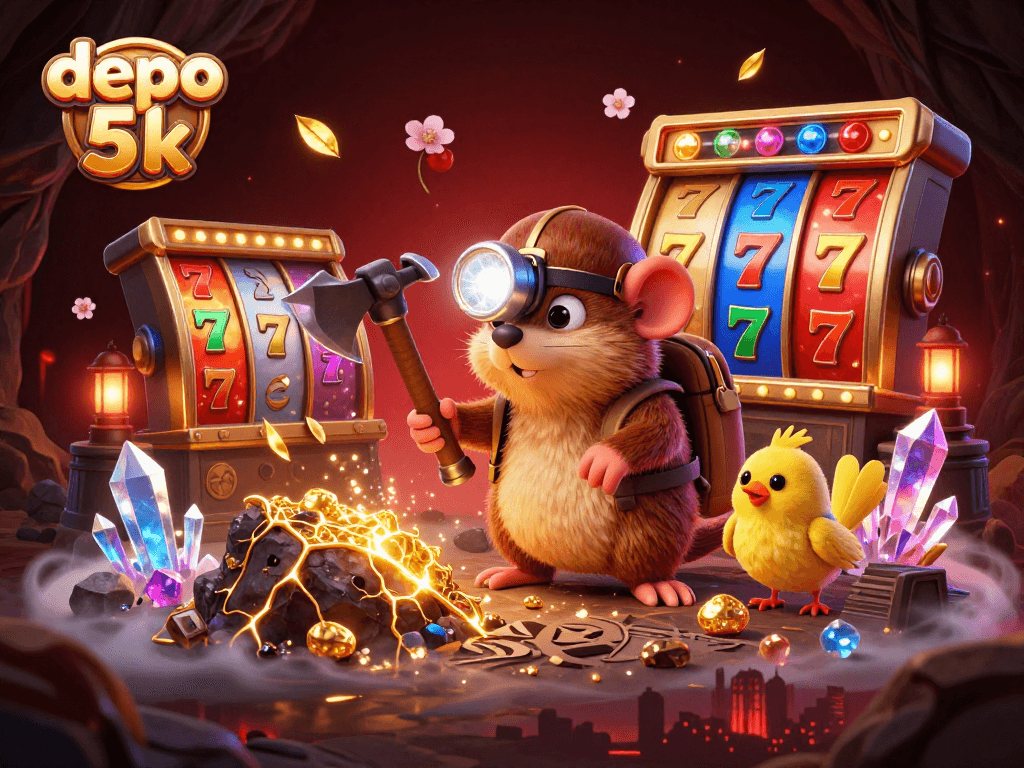 Engage in thrilling gameplay with depo 5k at this vibrant casino illustration featuring slot reels and treasures.