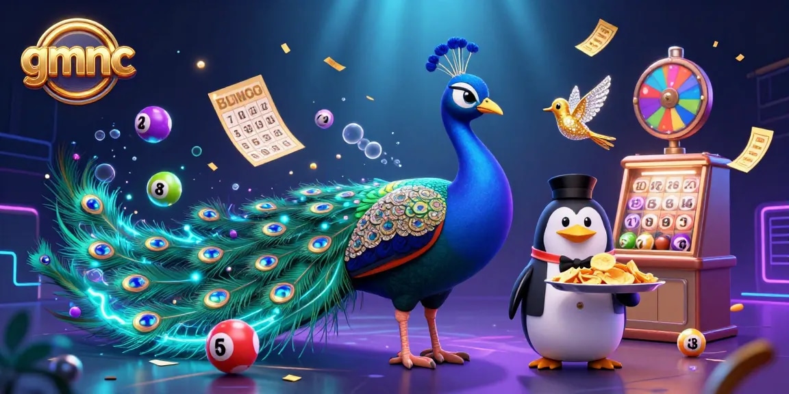 Experience gmnc's gambling excitement with a vibrant scene showcasing a peacock, penguin, and hummingbird surrounded by lottery elements.