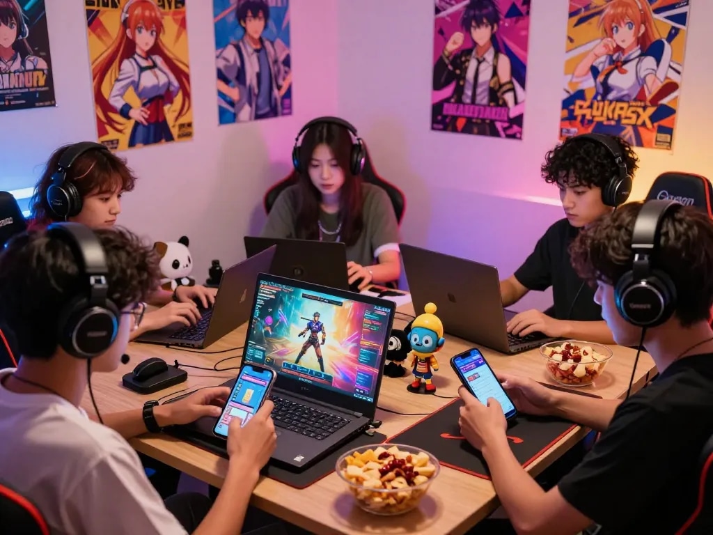 Players immersed in a lively porno game experience across devices, showcasing mobile and desktop gameplay.