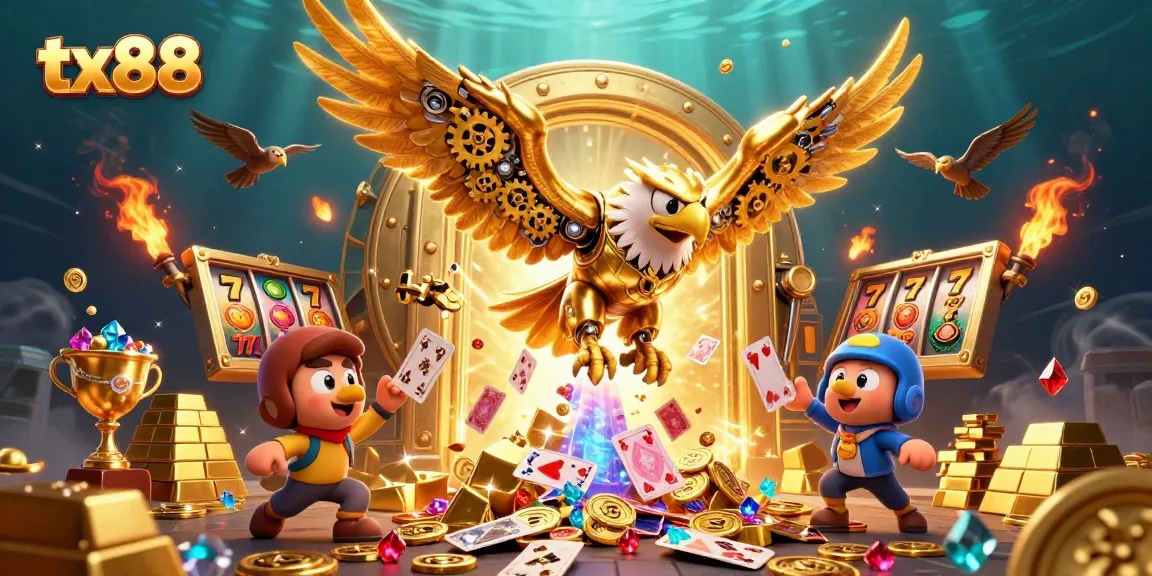 Experience the thrilling world of tx88 with a cybernetic eagle amidst dynamic casino action.