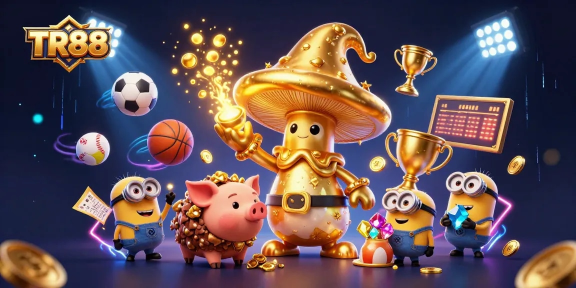 Win big at TR88 with vibrant 3D characters in a magical casino scene filled with sports elements.