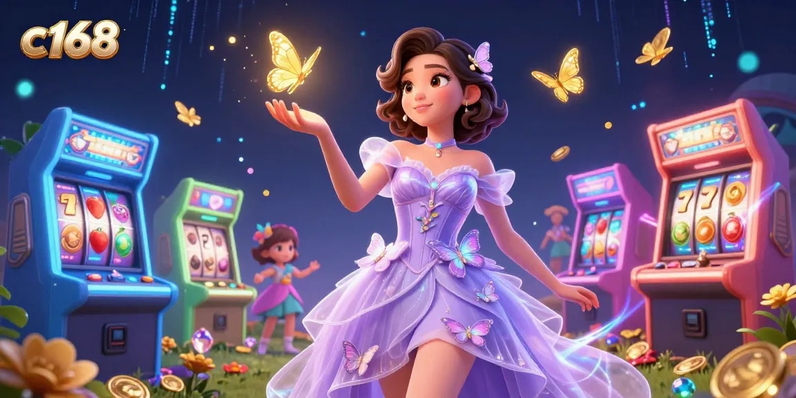 Engage with c168's thrilling slots showcasing a stunning Asian woman amidst golden games.