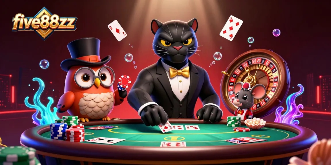 Engage with five88zz at an exciting poker scene featuring a stylish panther, owl, and mouse among vibrant casino elements.