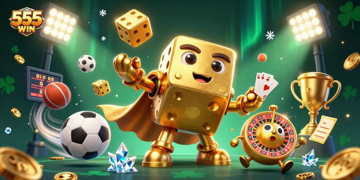 Experience thrilling wins at 555WIN with a lively 3D casino scene showcasing dynamic gaming action.
