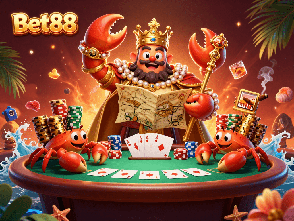Experience thrilling gameplay at Bet88 with a vibrant casino scene featuring a golden crab and poker elements.