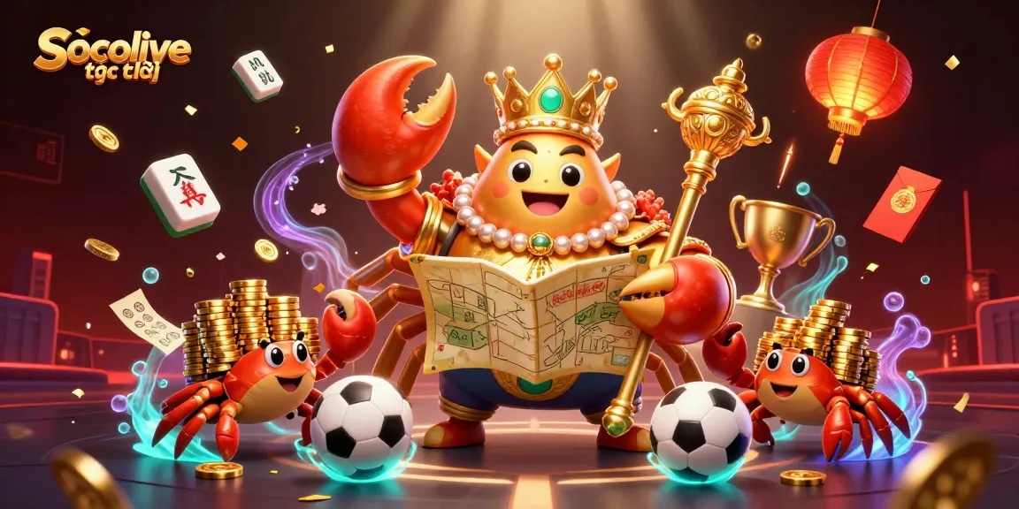 Socolive trực tiếp showcases a vibrant 3D scene of a golden crab emperor amidst sports elements, perfect for betting action!