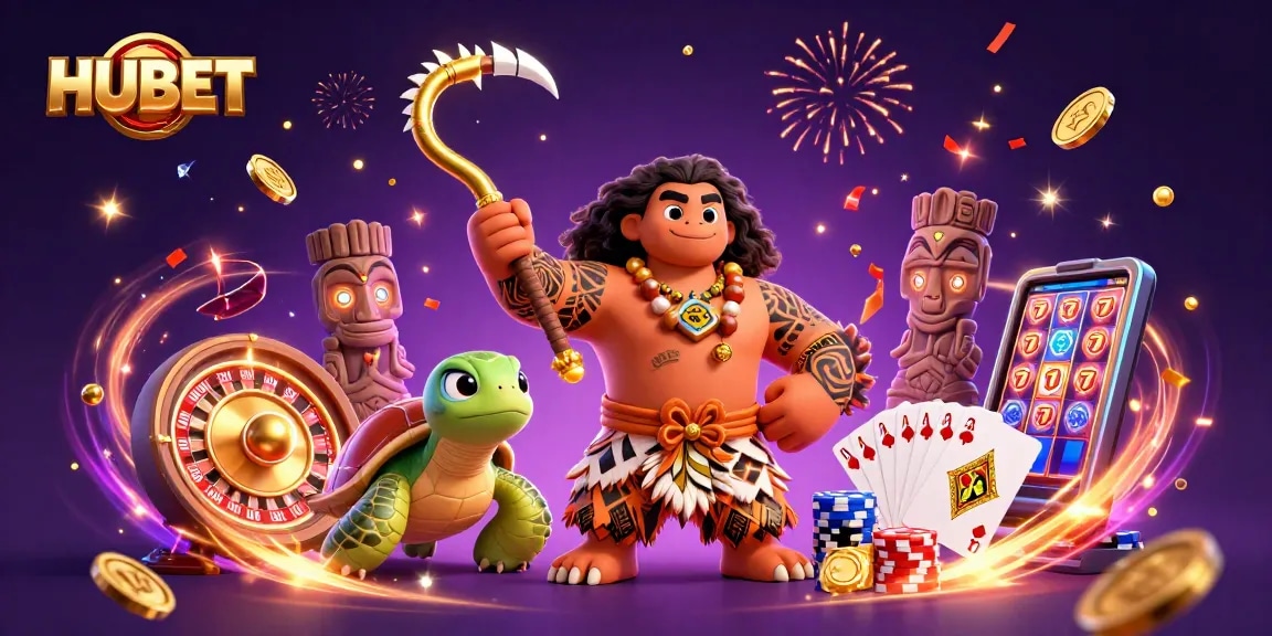 HUBET enhances gameplay with a magical 3D scene of vibrant casino elements and characters.