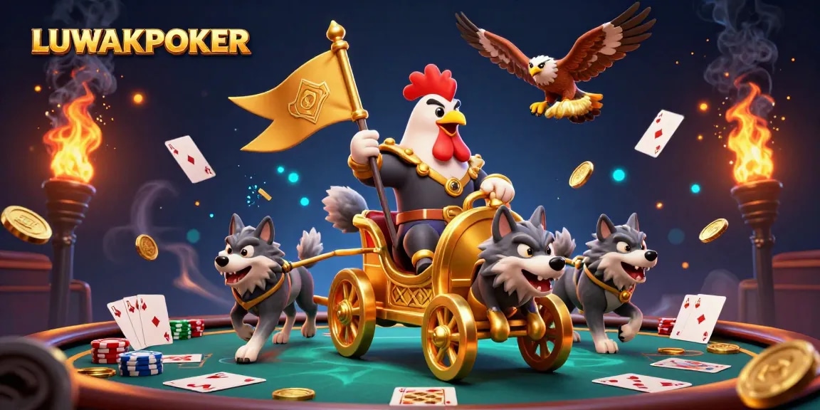 Experience thrilling poker action with LUWAKPOKER’s dynamic illustration of a rooster warlord and poker elements.