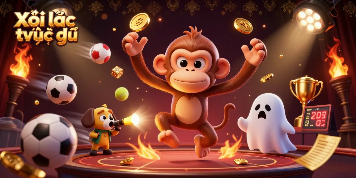 Experience thrilling Xôi lạc trực tiếp as a mischievous monkey juggles golden gambling elements in a haunted casino.