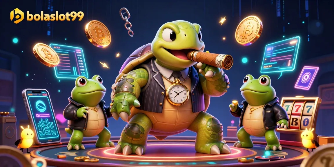 Engage in thrilling wins with bolaslot99 and a cartoon turtle mobster in a vibrant casino scene.