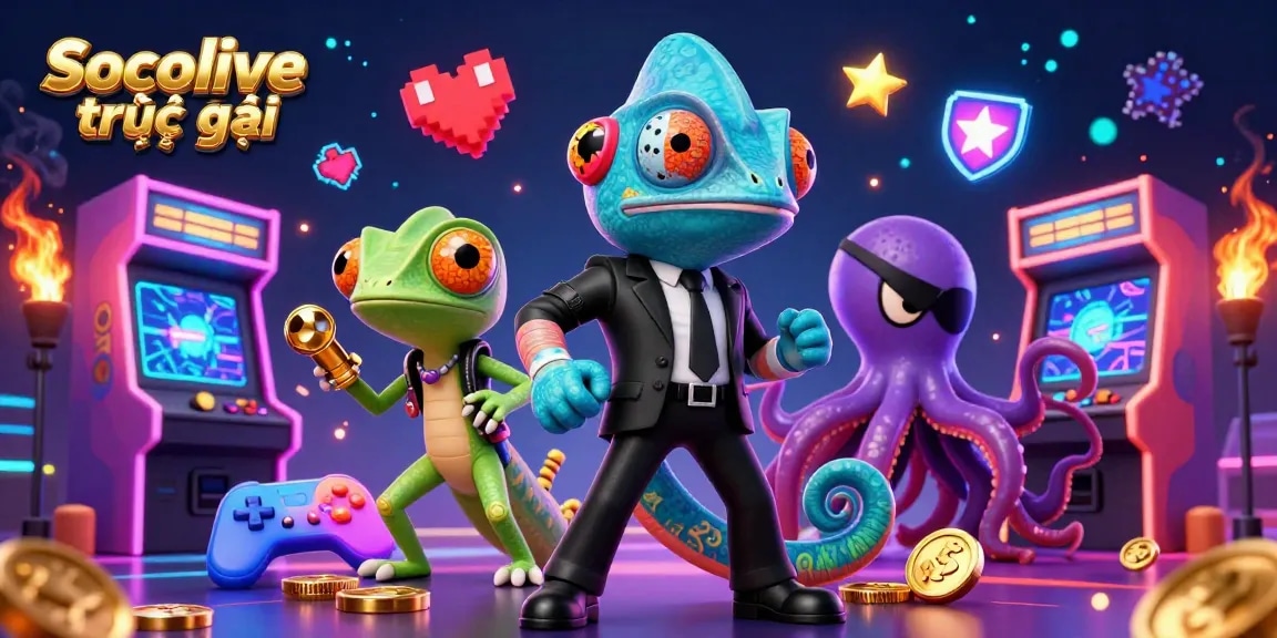 Watch Socolive trực tiếp featuring vibrant casino elements with a chameleon, gecko, and octopus.