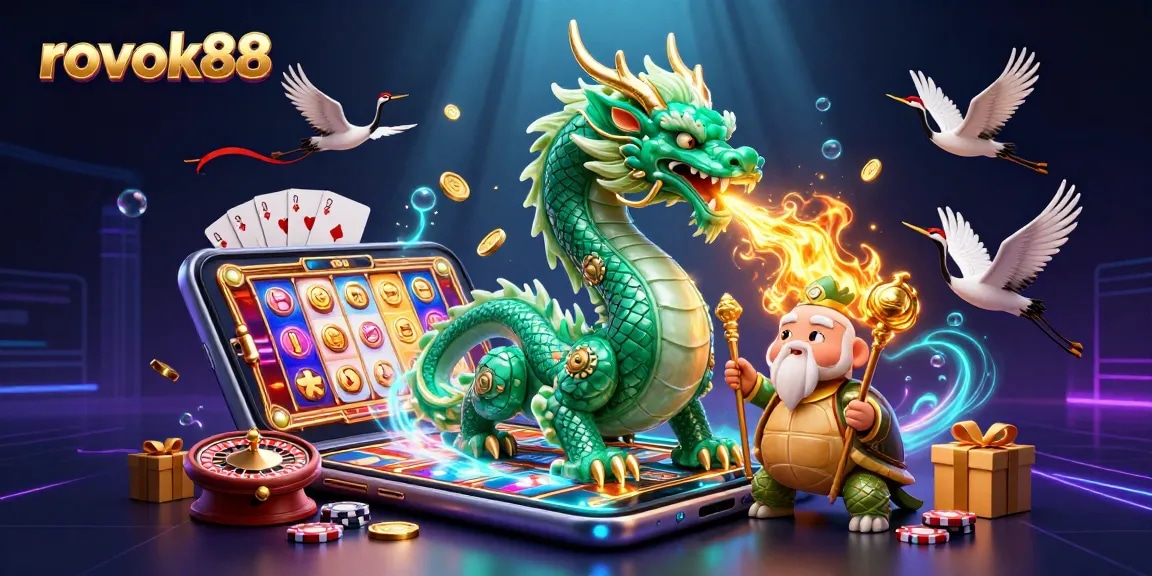 Experience winning thrills with rokok88's vibrant gaming scene featuring a jade dragon and slots.