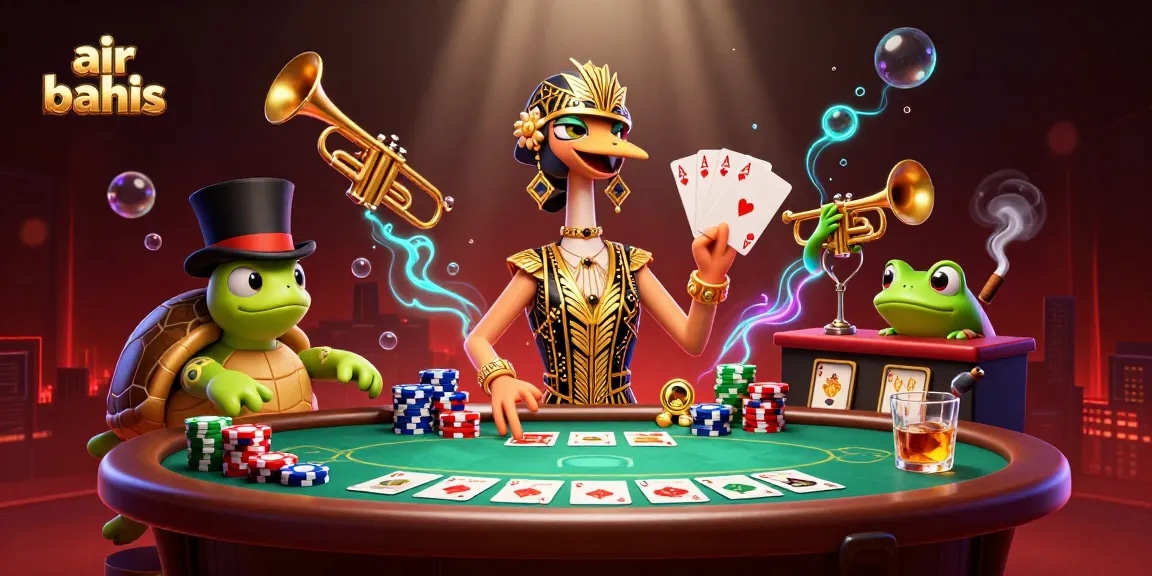 Air bahis ile kazanma fırsatlarını değerlendirin, renkli poker masası ve karakterlerle dolu çeşitli casinolar.