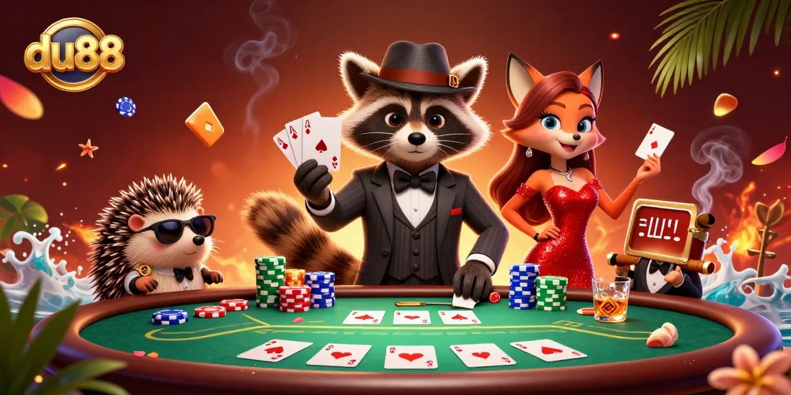 Experience the thrill of poker with du88 featuring playful characters in a vibrant casino illustration.