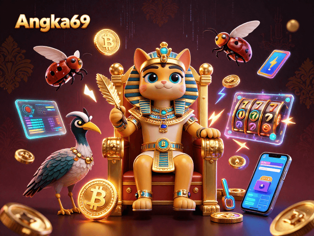 Experience the excitement of Angka69 with a vibrant 3D casino illustration featuring slot elements and crypto themes.