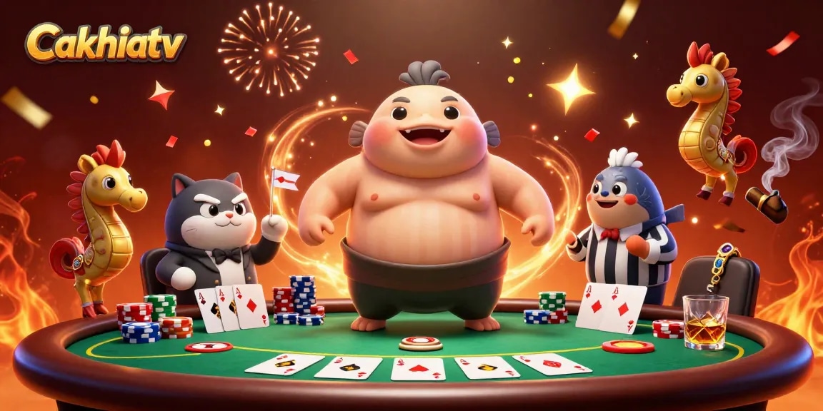 Cakhiatv offers thrilling poker gameplay with captivating underwater characters in this vibrant illustration.