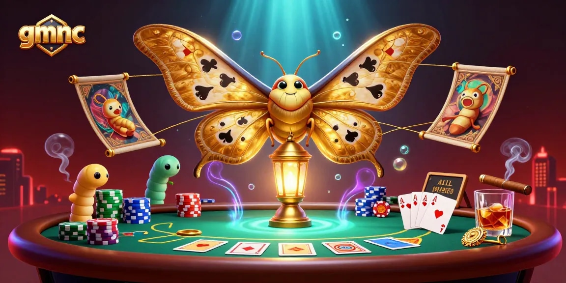 Capture exciting moments with gmnc as the cartoon moth spreads golden wings, showcasing vibrant casino elements.