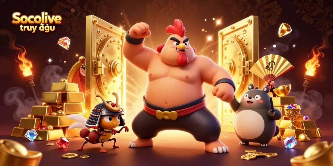 Experience Socolive trực tiếp with vibrant casino-themed 3D illustration featuring dynamic characters amidst golden treasures.