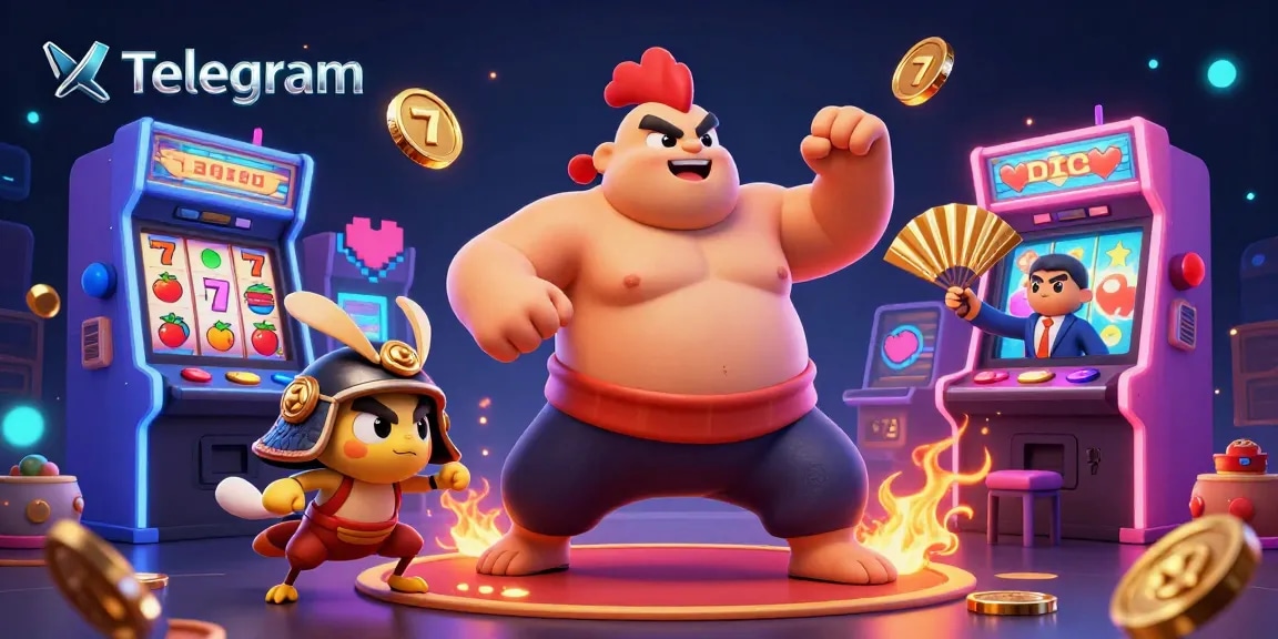 在 Telegram 上体验兴奋，带有生动的 3D 赌场元素和动态游戏角色的插图。