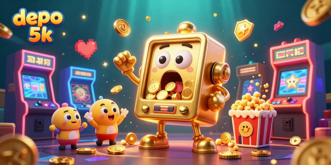 Spin to win on depo 5k as golden slot machines celebrate jackpots with coins pouring out!