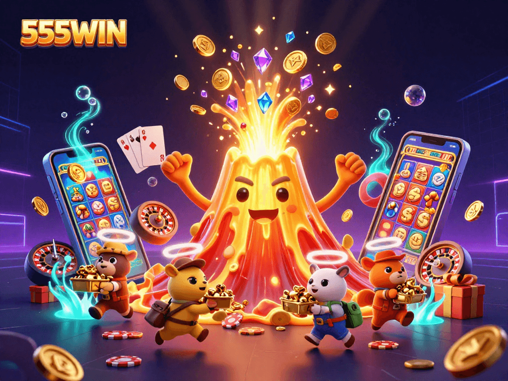 Experience the thrill of 555WIN with a golden volcano erupting coins and treasures in this vibrant casino scene.