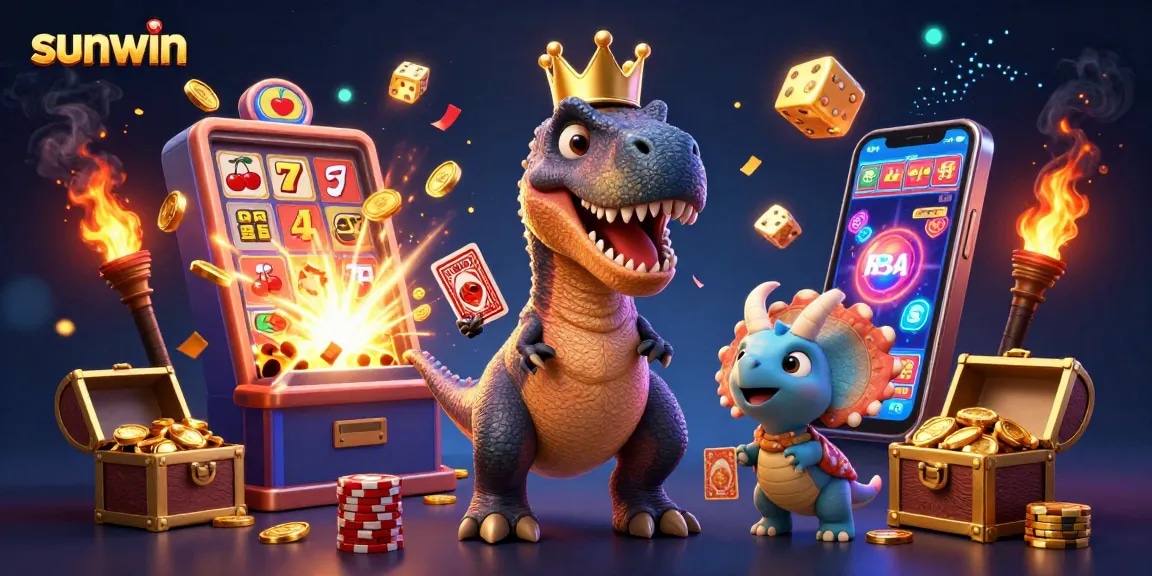 Engage with sunwin's dynamic casino scene featuring a T-Rex, pterodactyl, and triceratops!