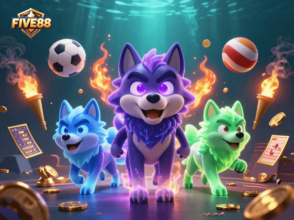 Experience the thrilling action of FIVE88 with a dynamic 3D casino scene featuring energetic characters and sports elements.