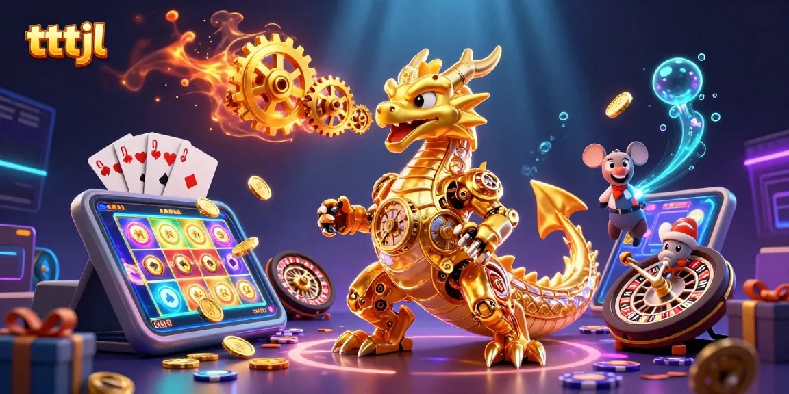 Engage with tttjl's 3D vibrant casino scene featuring a golden dragon and slot games.