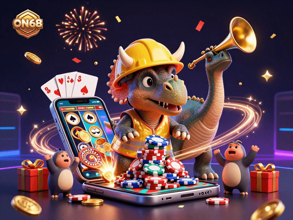 Experience ON68 with a magical 3D scene featuring a triceratops building poker chips, complemented by colorful gaming symbols and celebratory elements.