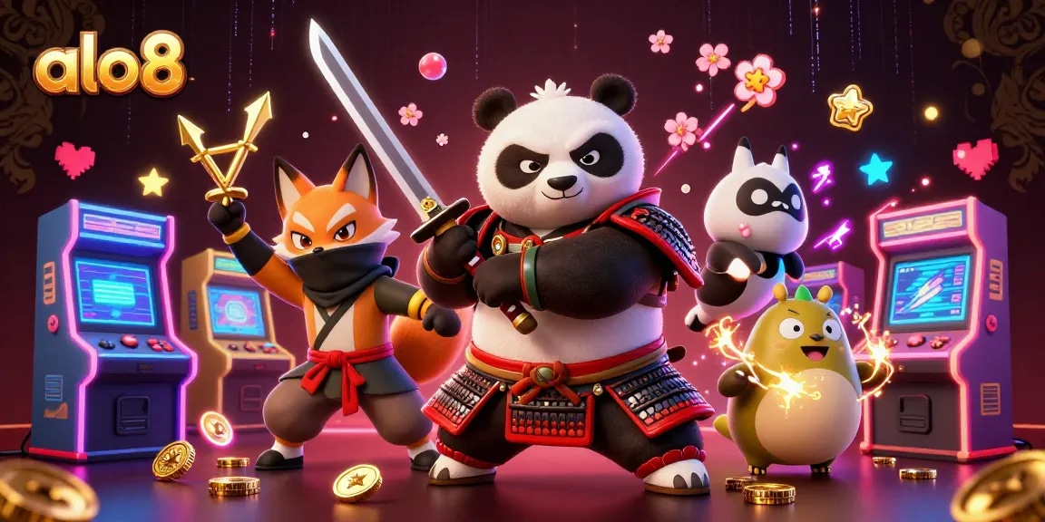 Experience exciting gameplay at alo8 with a vibrant scene featuring samurai panda and friends.