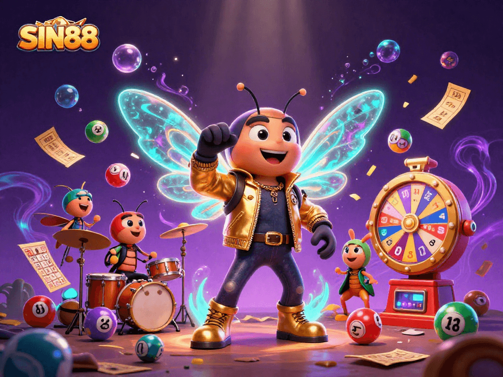 SIN88 showcases a thrilling casino scene with a cicada rock star, vibrant lottery elements, and dynamic energy effects.