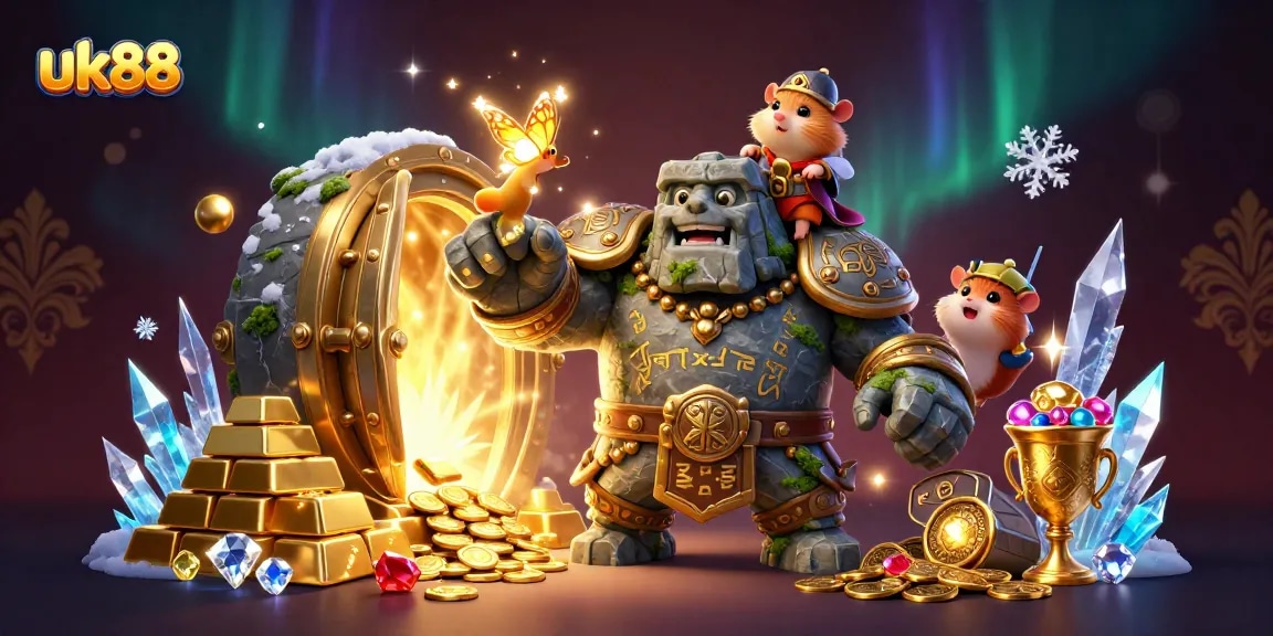 Spin and win with uk88 at a vibrant casino featuring a golem guardian and treasures.