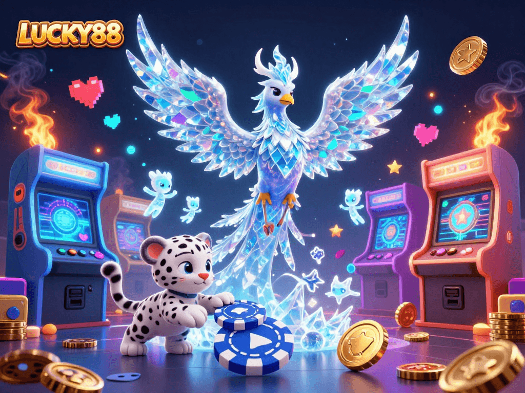 Experience thrilling gaming with LUCKY88 as an ice phoenix, leopard cub, and sprites illuminate this vibrant scene.