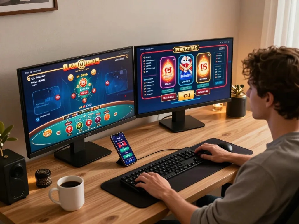 Player engaging with Nhà cái Jun88 online casino, showcasing vibrant gaming screens and strategic atmosphere.