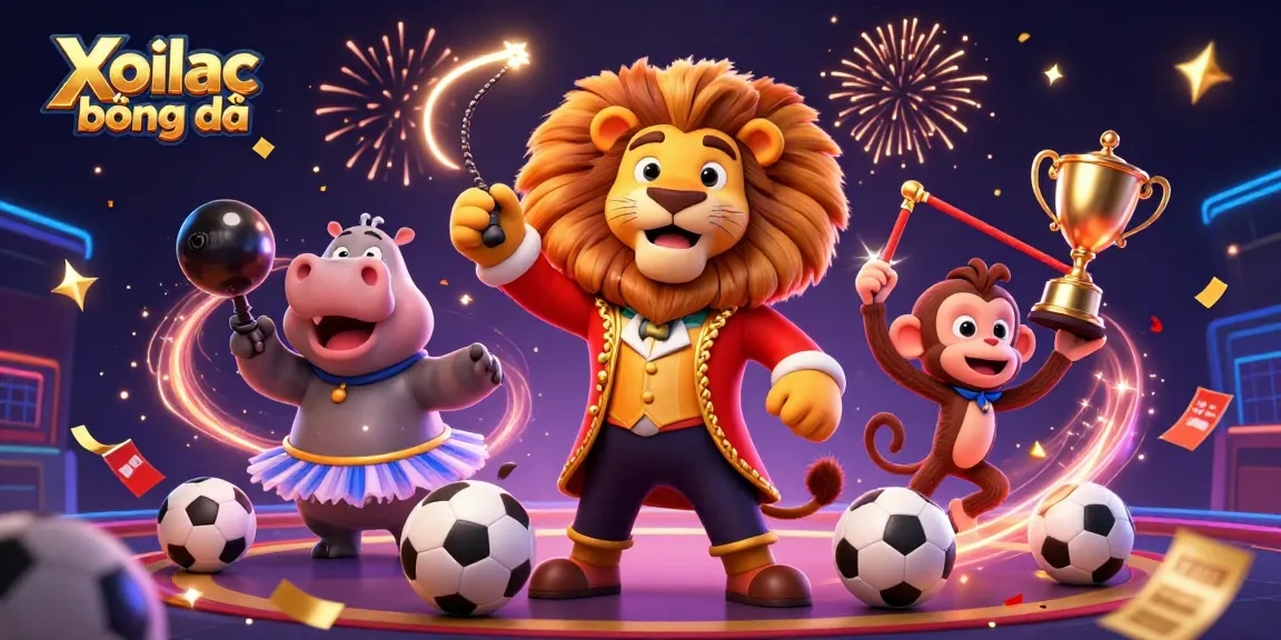 Xoilac bóng đá showcases an energetic scene with a circus lion, hippo, and monkey amidst vibrant sports elements.