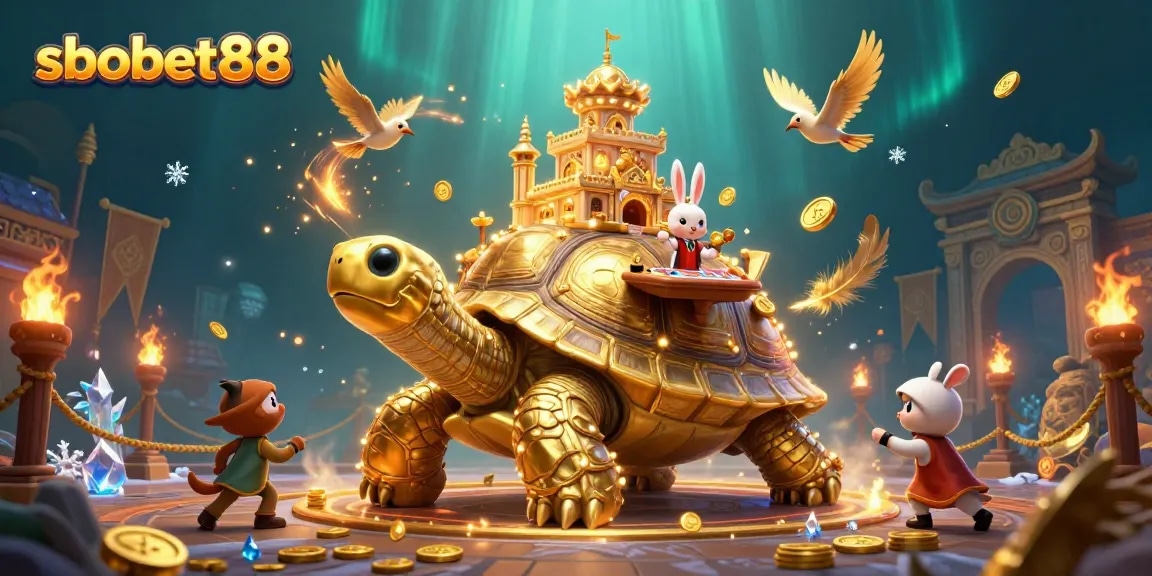 Engage with sbobet88's thrilling casino adventure featuring a golden tortoise and dynamic game elements.