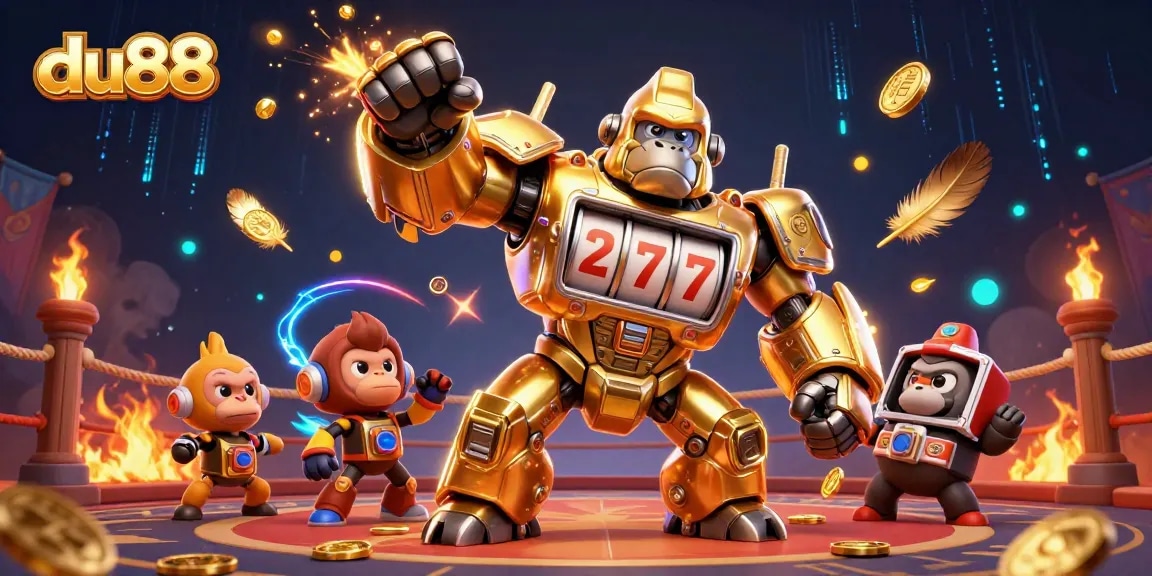 Engage with du88's thrilling gaming experience featuring a golden mech and vibrant casino elements.