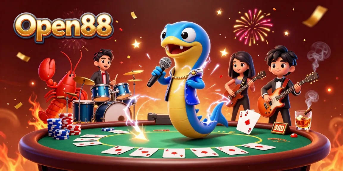 Experience thrilling gameplay at Open88 with colorful casino characters in a vibrant scene.