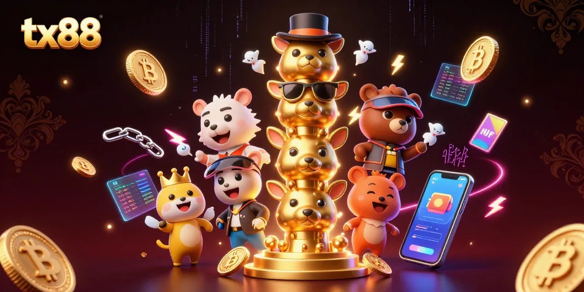 Engage with tx88's vibrant casino atmosphere featuring dynamic crypto elements and a golden totem pole.