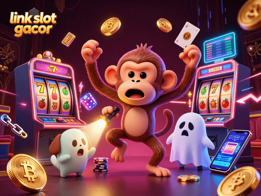 Engage with link slot gacor through a vibrant scene showcasing a poltergeist monkey juggling and a ghost-hunter puppy in a casino.