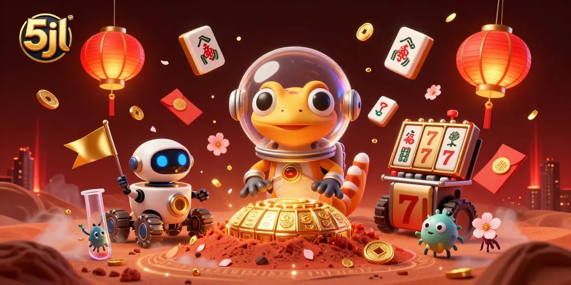 Experience the thrill of 5jl as a Martian gecko discovers a hidden casino in a vibrant illustration.