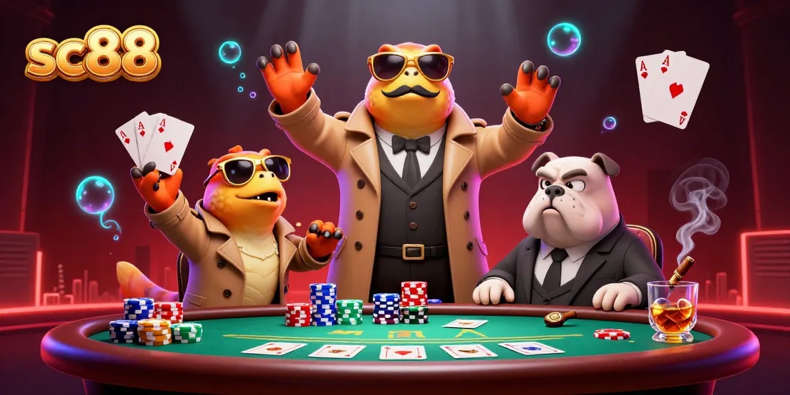 sc88 showcases a lively casino scene with raptors in a trench coat, emphasizing gambling excitement.