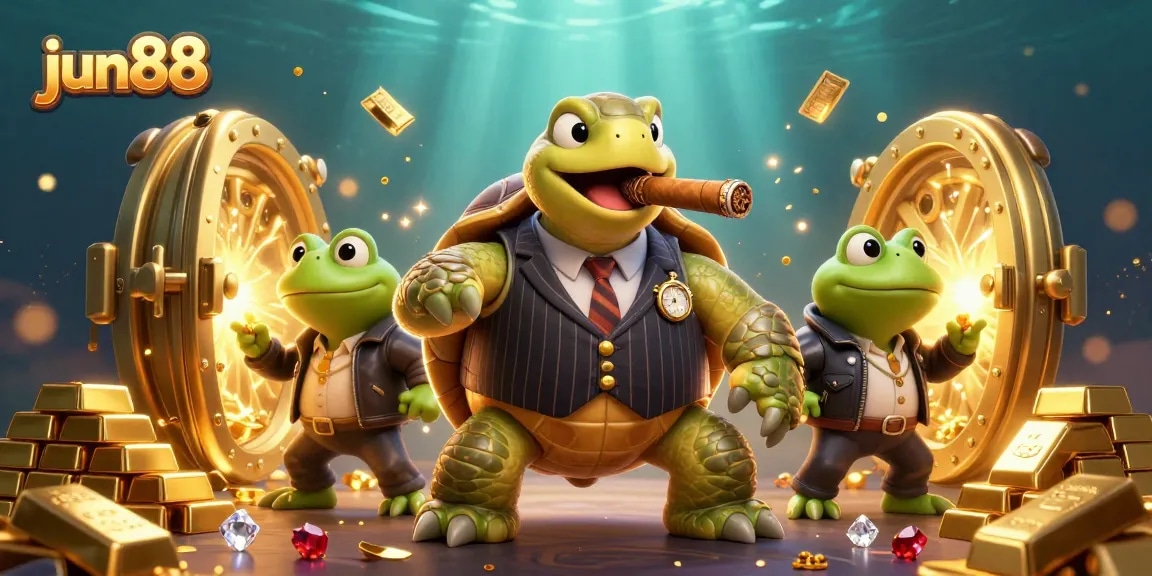 Experience excitement at jun88 with a vibrant casino scene featuring unique characters and treasures.