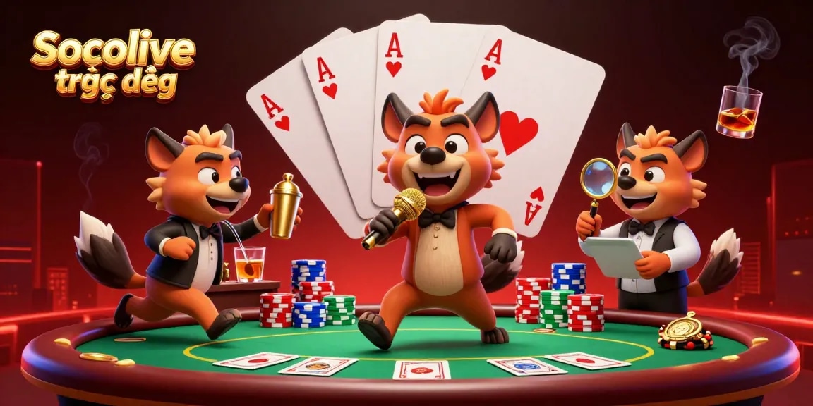 Socolive trực tiếp showcases a vibrant live casino scene with animated hyena characters engaging in various activities.